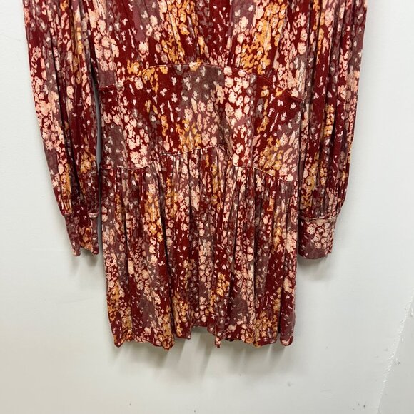Free People Red tan Floral Long Sleeve Tiered Mini Dress printed XL prairie cott - Picture 3 of 8